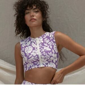 Stone Fox Mase Tankini Swim Top Kauai Purple White Tropical Modest Zipper Size M